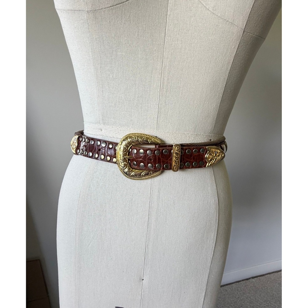 Vintage Brown Croc Leather Western Belt Brass Metal Mesh Studs Ornate Buckle 30" - Picture 2 of 13